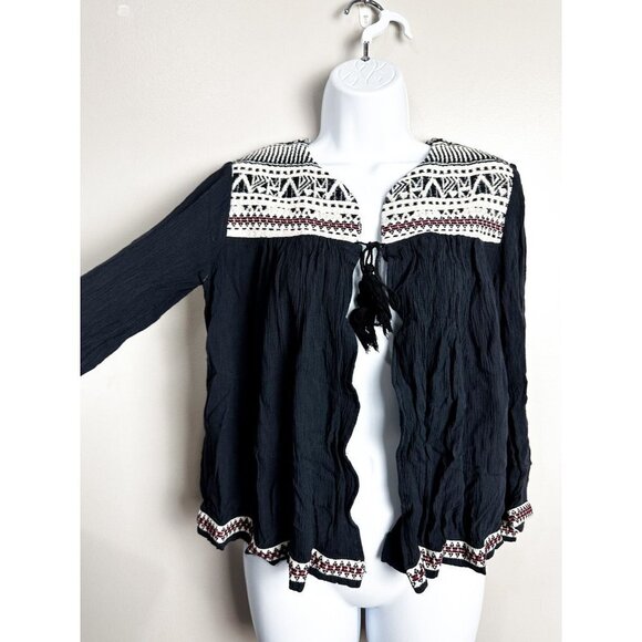 H&M Tie Front Aztec Print Embroidered Cardigan Womens 10 Black - Picture 2 of 6